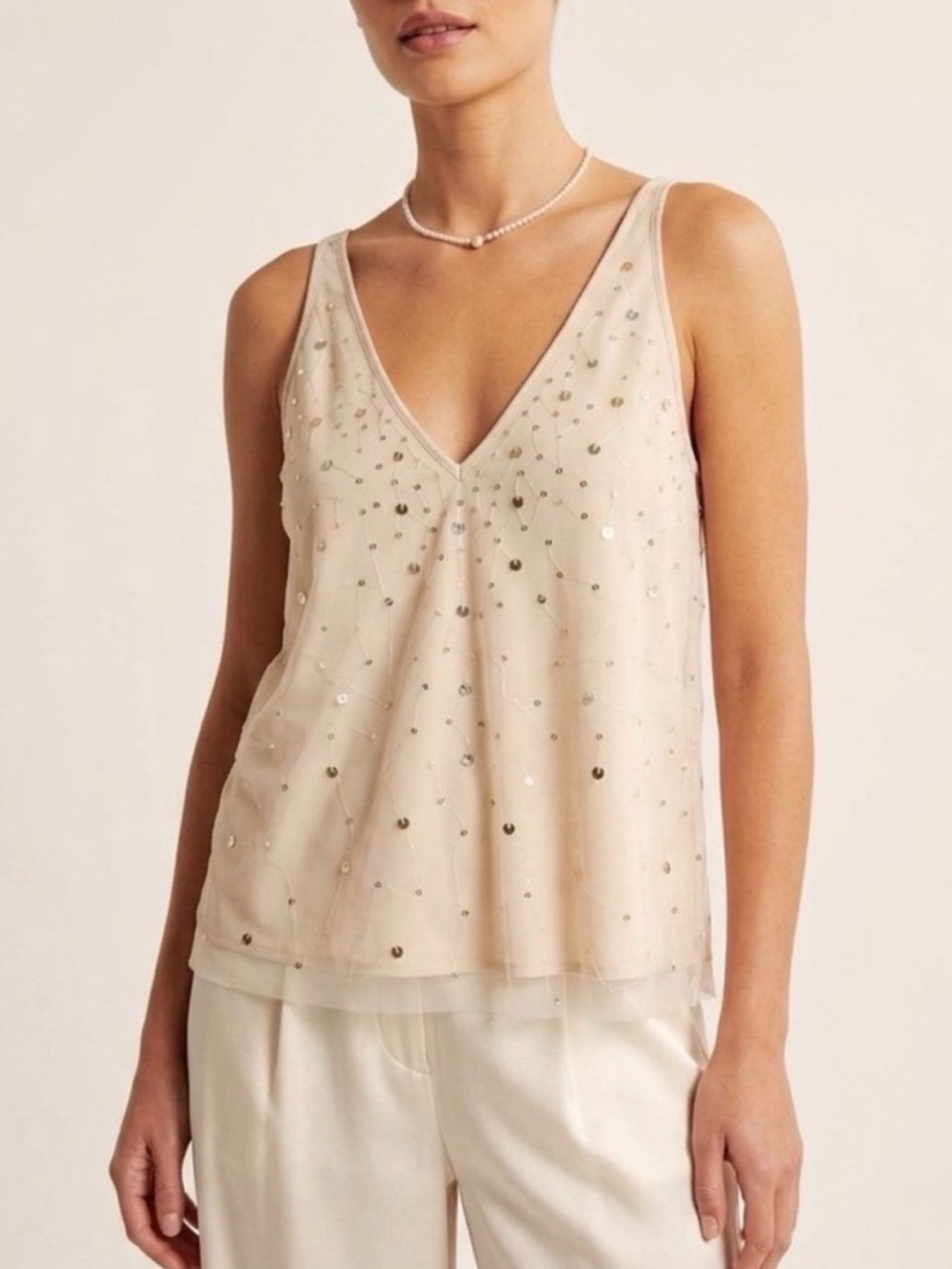 Loft Beige Embellished Double V-Neck Tank